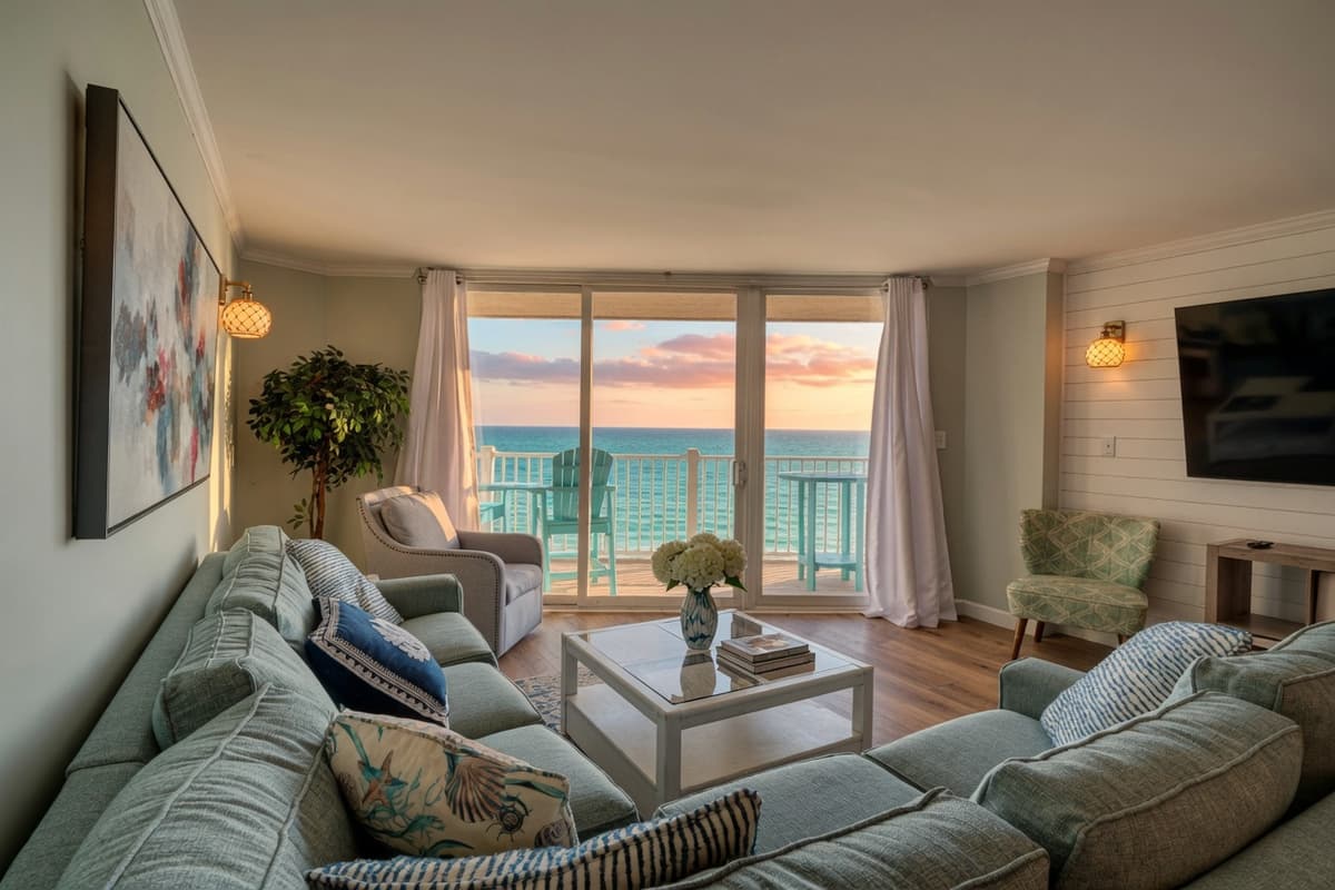 Living room and ocean view at Sea Pointe South, St. Regis Resort, North Topsail Beach NC