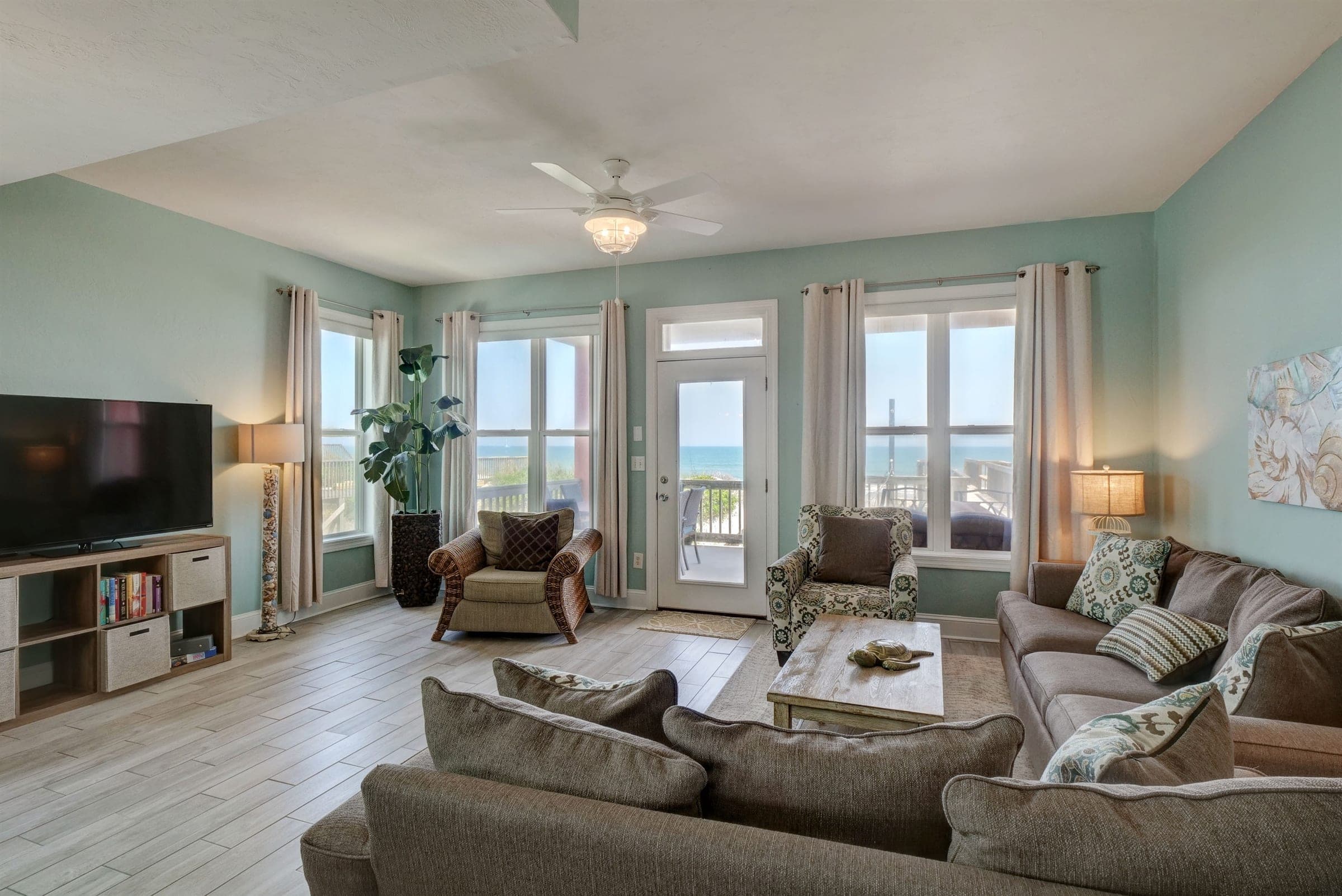 Oceanfront living room at one of our beach houses